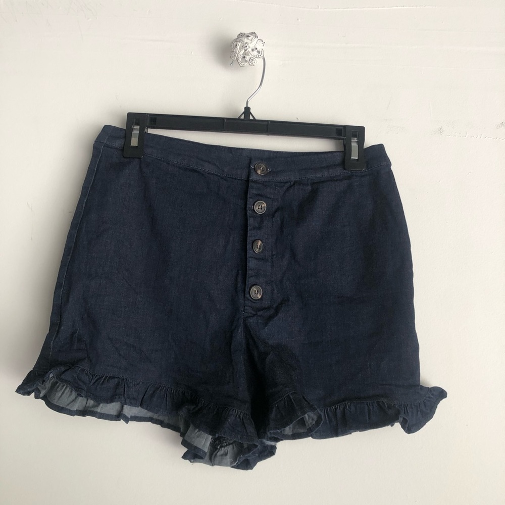 Navy ruffle denim shorts